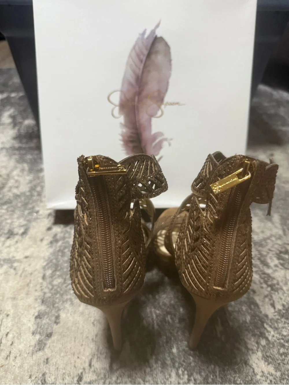Jessica Simpson Bronze Metallic Laser-Cut Strappy Platform Heels
